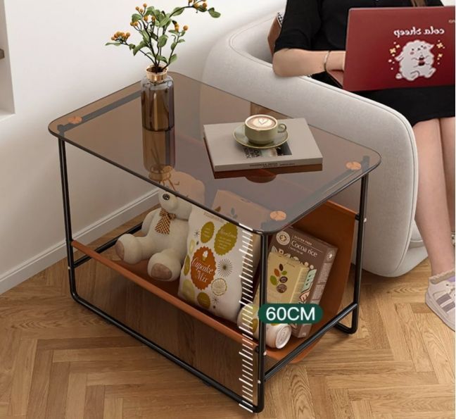 Mesa De Centro Lateral Living Vanguardia Vidrio Y Cuero Pu-4
