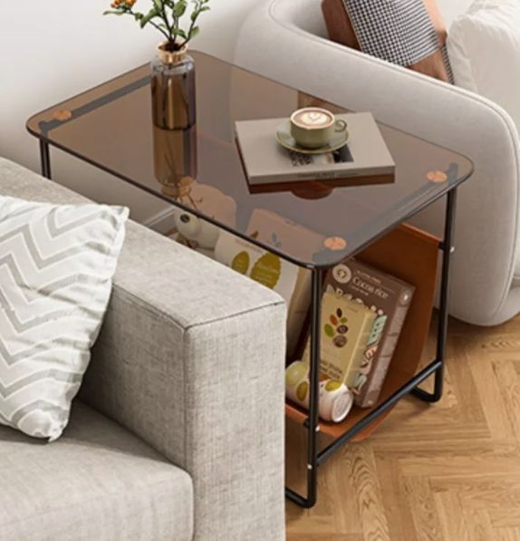 Mesa De Centro Lateral Living Vanguardia Vidrio Y Cuero Pu-5