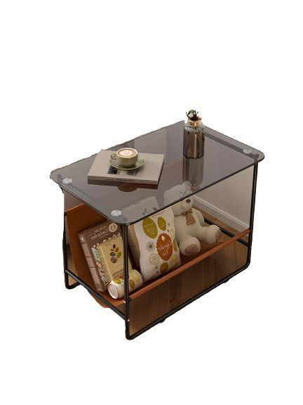 Mesa De Centro Lateral Living Vanguardia Vidrio Y Cuero Pu-0