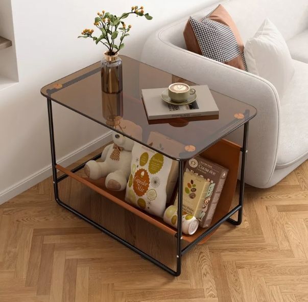 Mesa De Centro Lateral Living Vanguardia Vidrio Y Cuero Pu-2