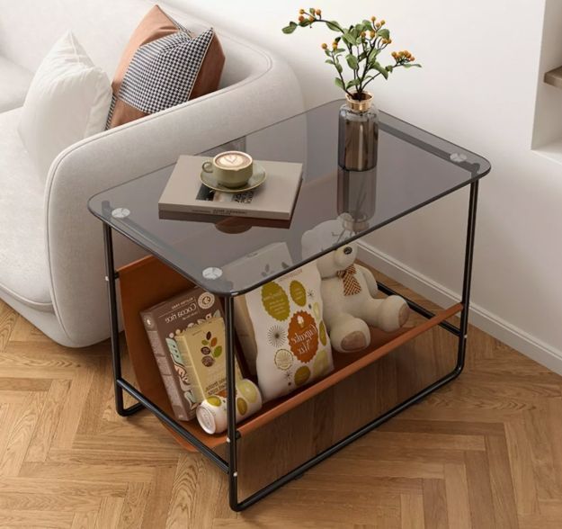 Mesa De Centro Lateral Living Vanguardia Vidrio Y Cuero Pu-3