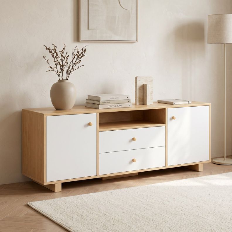Rack Tv 120x30x58cm 2 Tiras 2 Puerta Melamina Homer Design Blanco