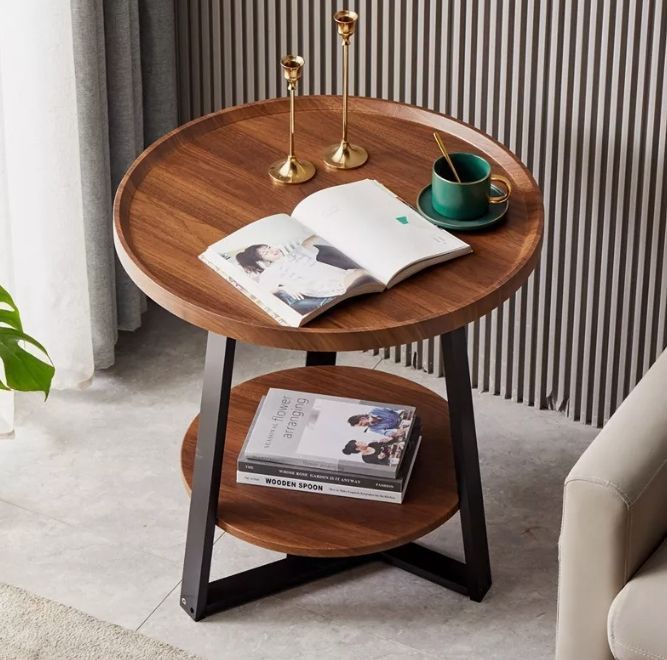 Mesa De Centro Lateral Living Redonda Doble Madera Nactural-4