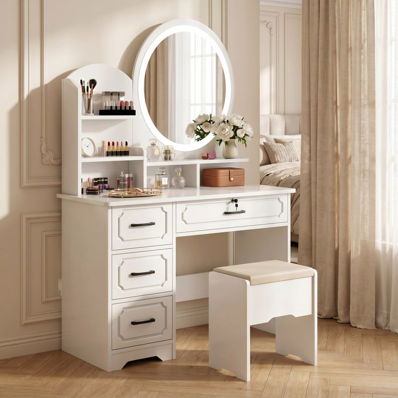 Tocador Melamina Con Taburete Luz 80*40*137cm Estilo Europeo Blanco