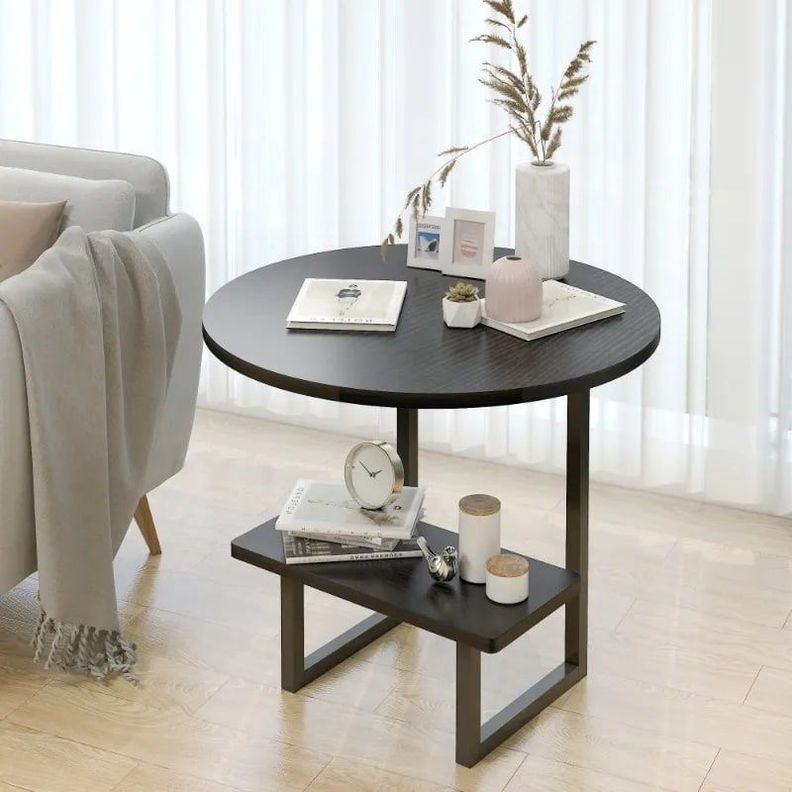 Mesa De Centro Redondo De Fierro Y Madera Living Vanguardia Negro