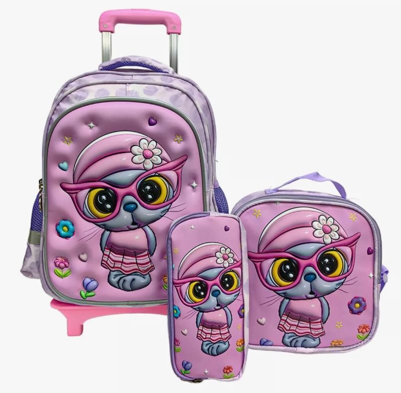 Set 3 Mochila Con Rueda Escolar+lonchera Bolso+cartuchera3d-1