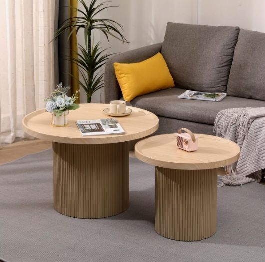 Juego Mesa De Centro Lateral Living Redonda Doble Melamina Color Marrón claro-2