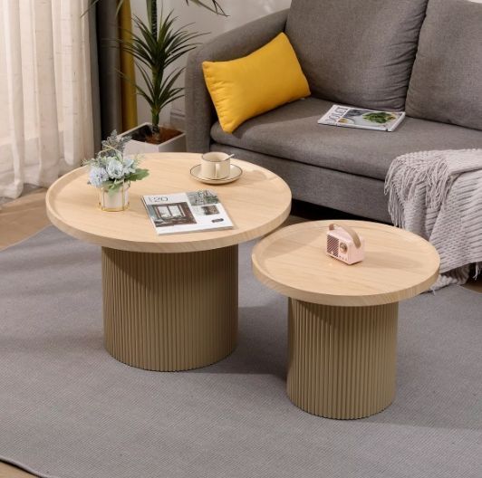 Juego Mesa De Centro Lateral Living Redonda Doble Melamina Color Marrón claro-3