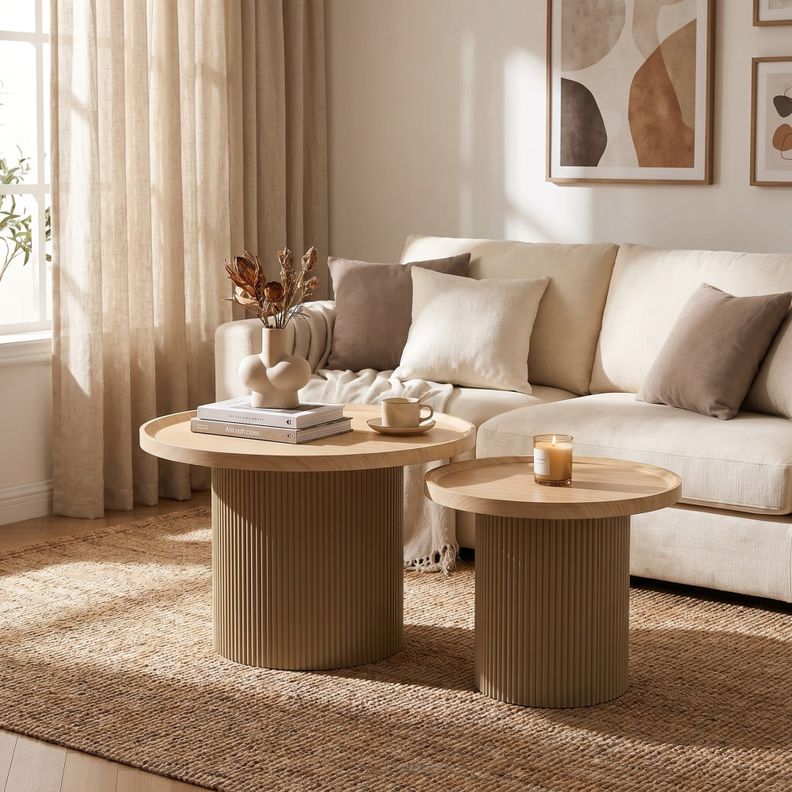 Juego Mesa De Centro Lateral Living Redonda Doble Melamina Color Marron claro
