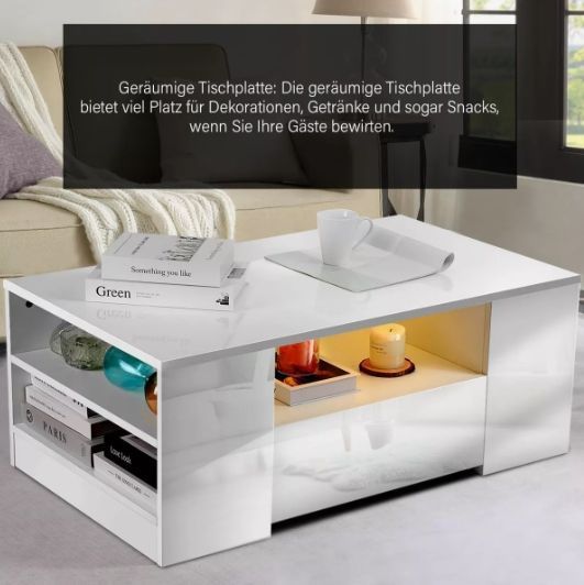 Mesa De Centro Con Luz 2 Cajones Living 95x55x37cm Brillante Color Blanco-2