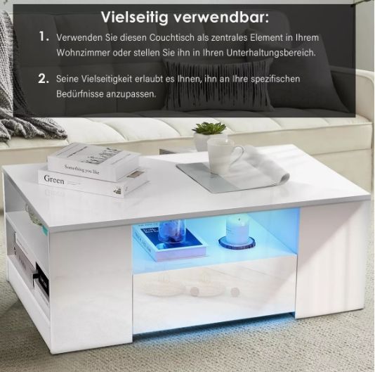 Mesa De Centro Con Luz 2 Cajones Living 95x55x37cm Brillante Color Blanco-3