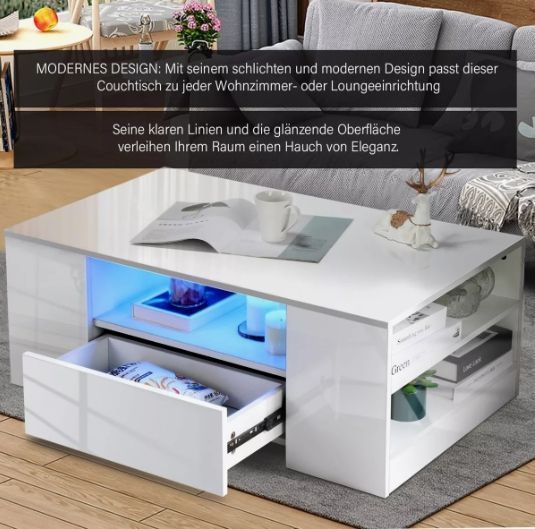 Mesa De Centro Con Luz 2 Cajones Living 95x55x37cm Brillante Color Blanco-5