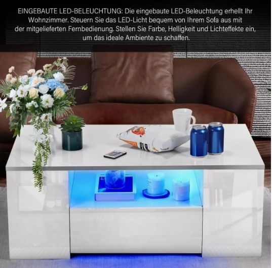 Mesa De Centro Con Luz 2 Cajones Living 95x55x37cm Brillante Color Blanco-6