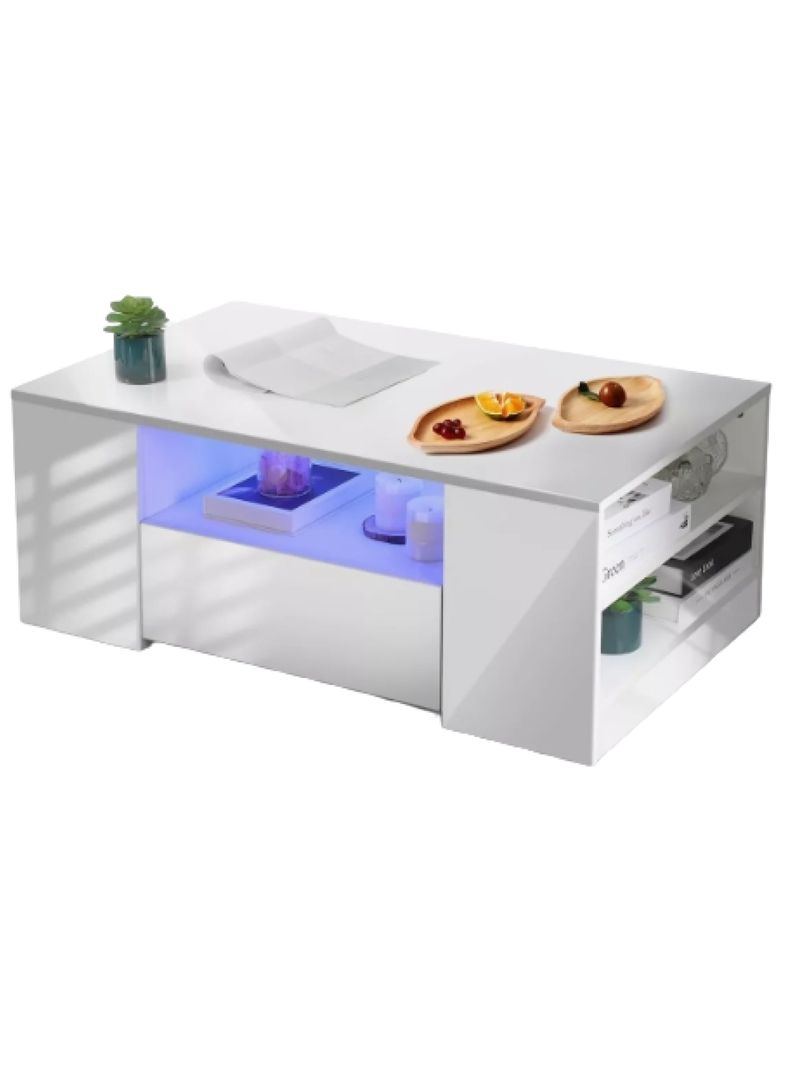 Mesa De Centro Con Luz 2 Cajones Living 95x55x37cm Brillante Color Blanco-0