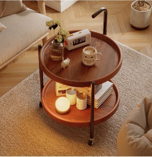 Mesa De Centro Lateral Living Redonda Doble Con Rueda Freno Color Marrón-1