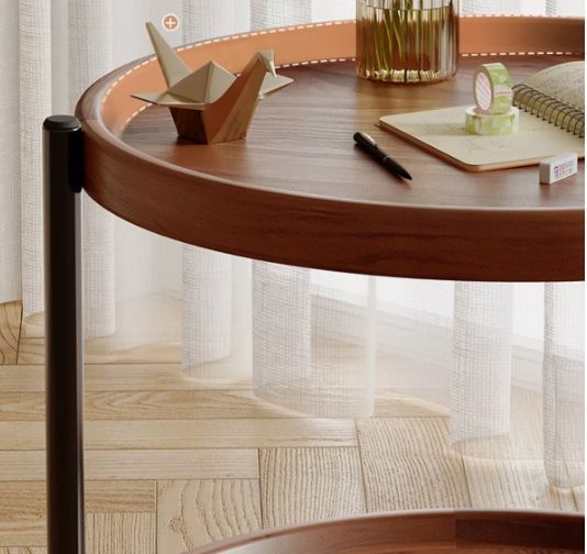 Mesa De Centro Lateral Living Redonda Doble Con Rueda Freno Color Marrón-3