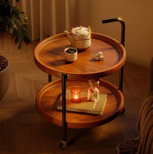 Mesa De Centro Lateral Living Redonda Doble Con Rueda Freno Color Marrón-5
