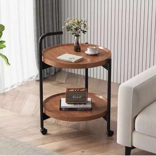 Mesa De Centro Lateral Living Redonda Doble Con Rueda Freno Color Marrón-6