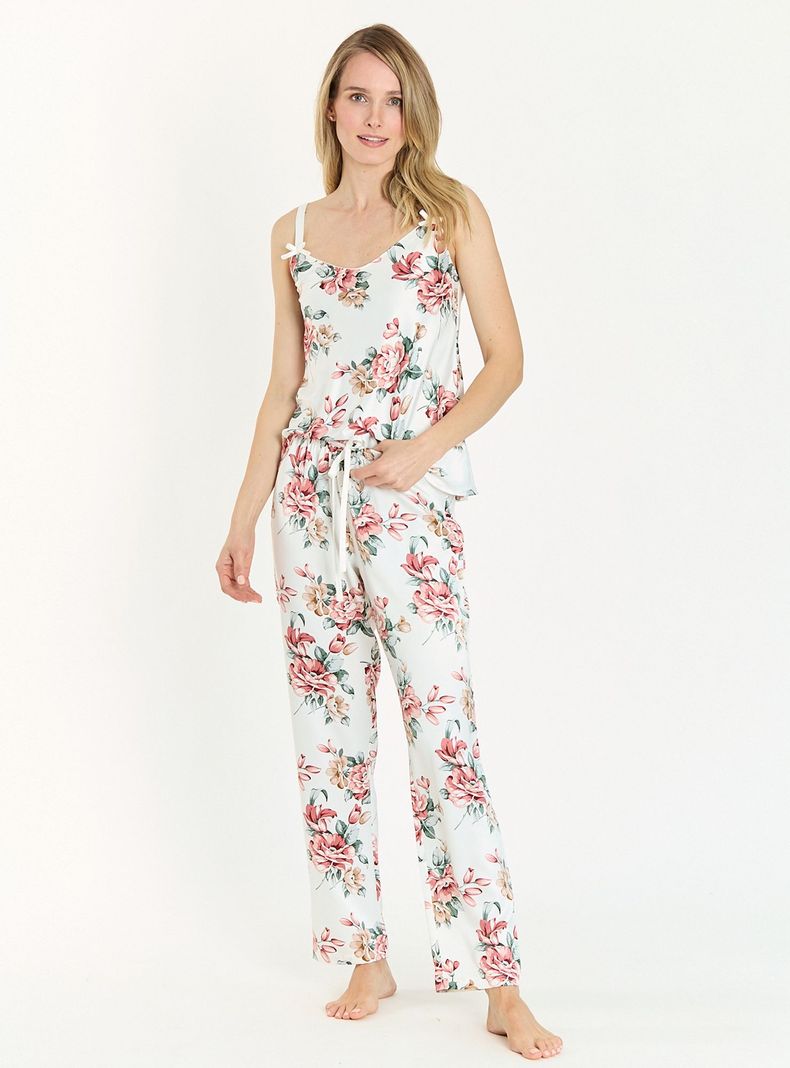 Pijama de Mujer Cinta Pantalon Largo Blanco Estampado-0