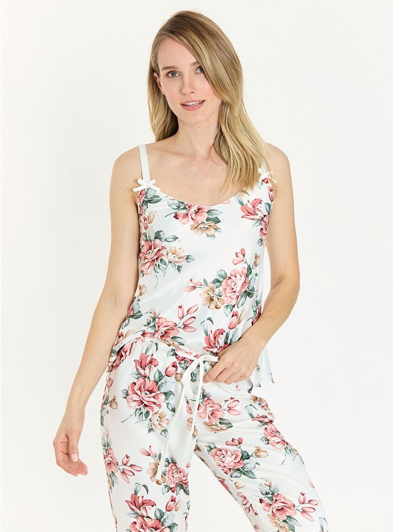 Pijama de Mujer Cinta Pantalon Largo Blanco Estampado-1