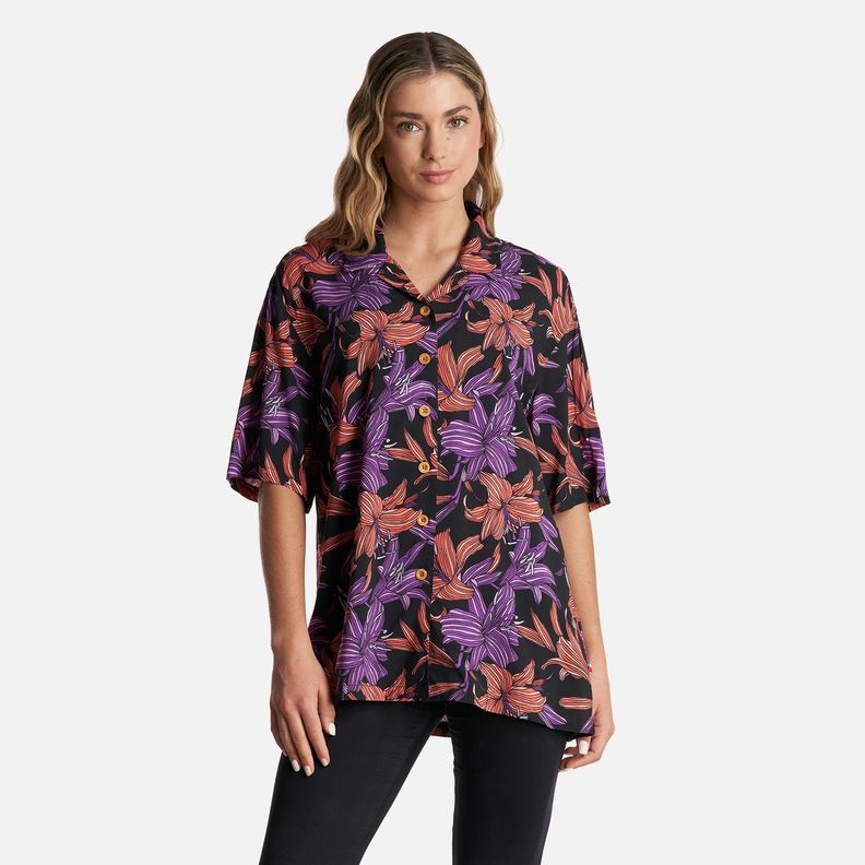 Camisa Mujer Hibiscus Print Negro Haka Honu-1