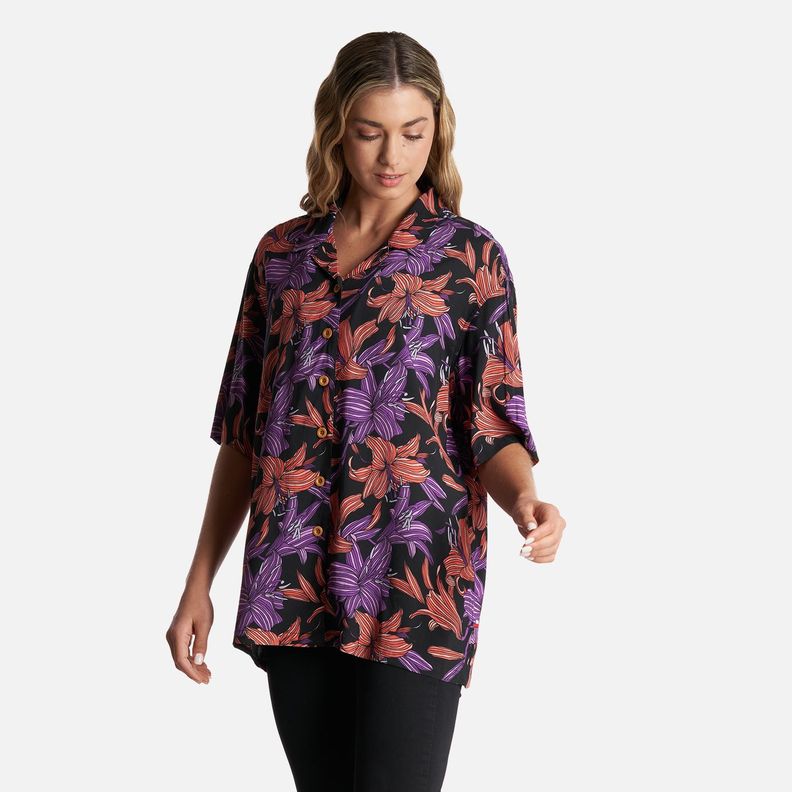 Camisa Mujer Hibiscus Print Negro Haka Honu-2