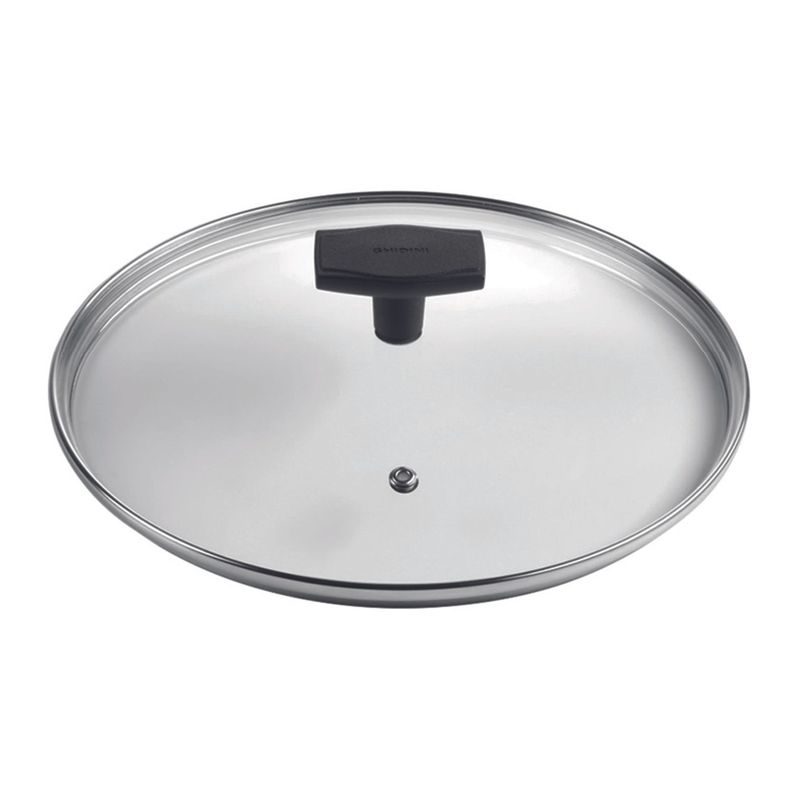Tapa Vidrio Templado Borde Acero Inox c/Agujero de Vapor 20cm Transparente