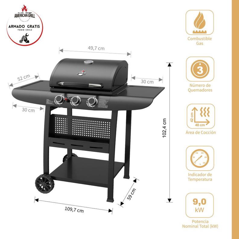 Set Parrilla a Gas 3 Quemadores Kansas Black + Funda-1