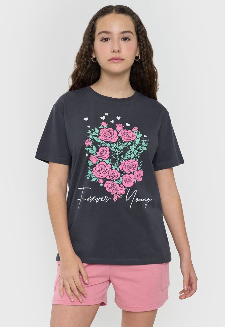 Polera Niña Teen M/C Fun Oversize  Gris Oscuro Corona-0