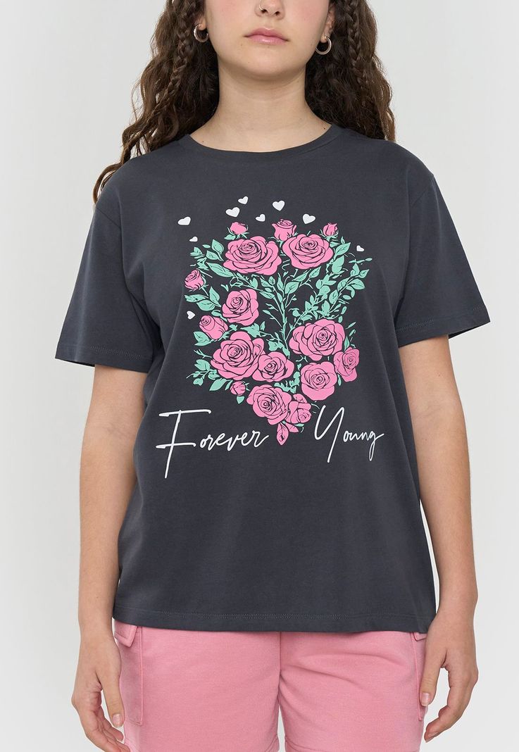 Polera Niña Teen M/C Fun Oversize  Gris Oscuro Corona-2