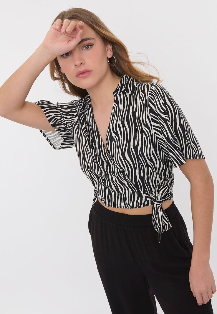 Blusa Mujer Camisera Cruzada Negro Cebra Corona-0