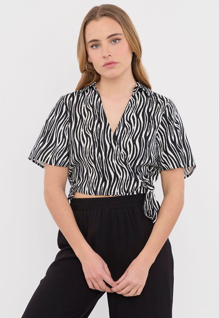 Blusa Mujer Camisera Cruzada Negro Cebra Corona-1