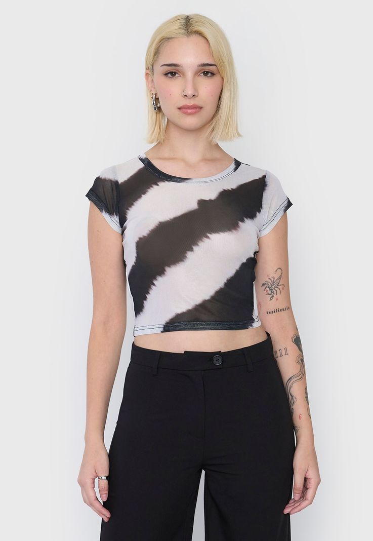 Polera Mujer Malla Manga Corta Tie Dye Negro Corona-0