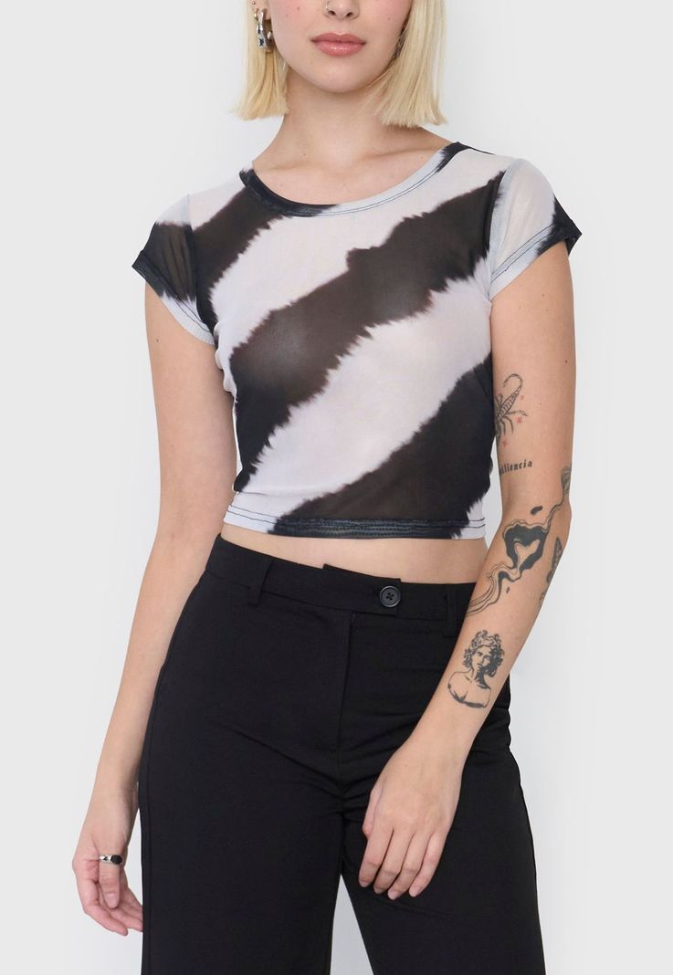 Polera Mujer Malla Manga Corta Tie Dye Negro Corona-2