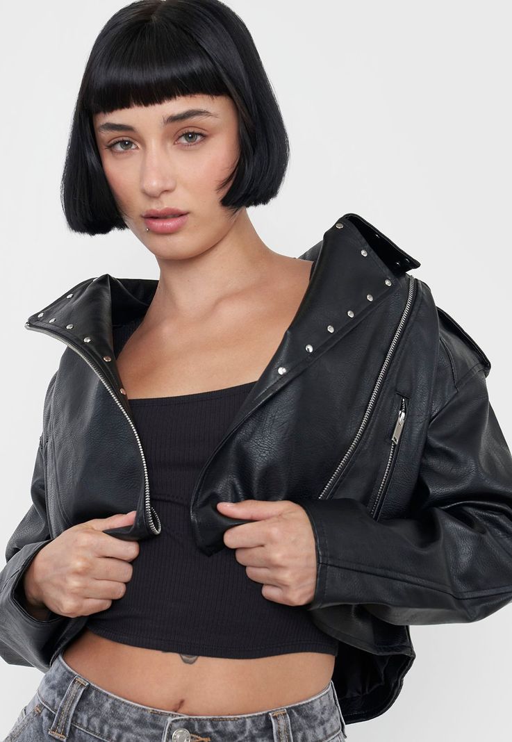 Chaqueta Mujer Biker Ecocuero Tachas Negro Corona-0