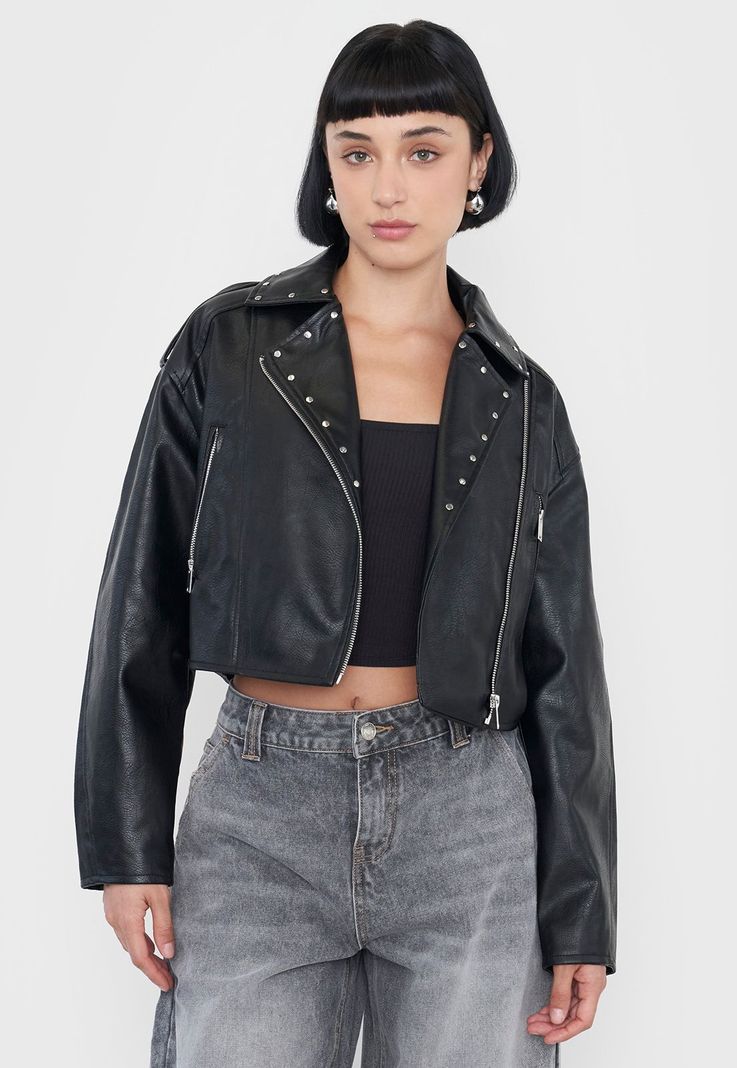 Chaqueta Mujer Biker Ecocuero Tachas Negro Corona-1
