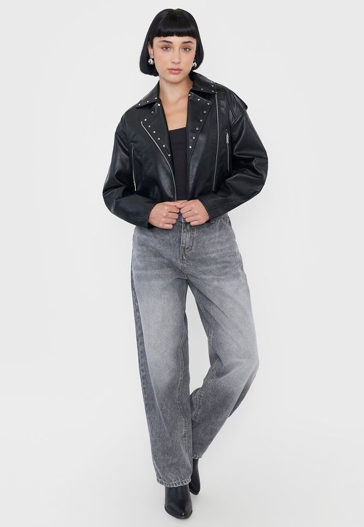 Chaqueta Mujer Biker Ecocuero Tachas Negro Corona-3