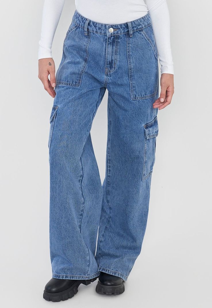 Jeans Mujer Cargo Straight Fit Azul Medio Corona-1