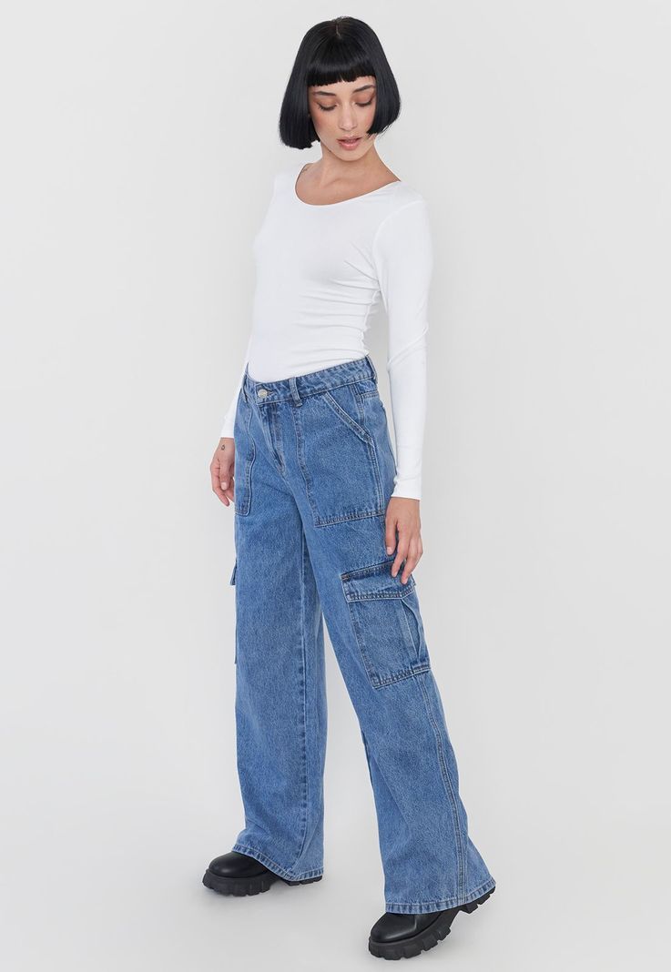 Jeans Mujer Cargo Straight Fit Azul Medio Corona-3