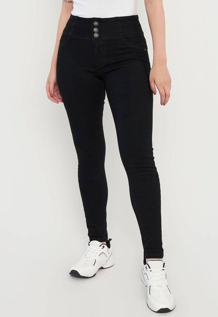 Jeans Mujer Push Up 3 Botones Negro Corona-1