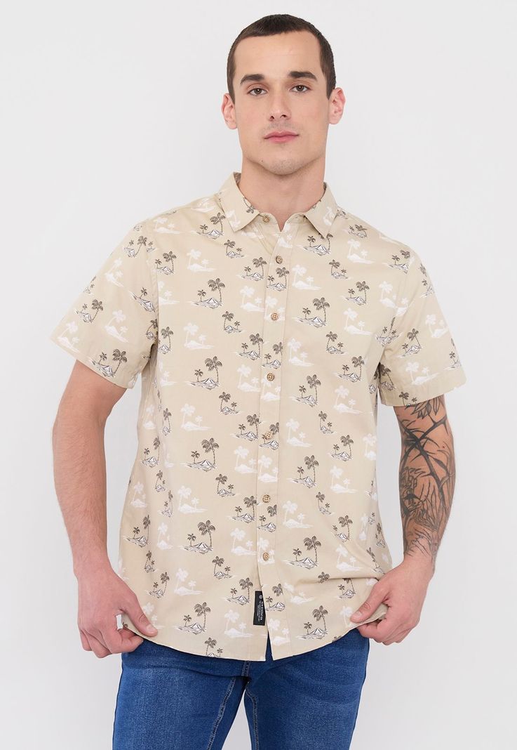 Camisa Hombre Cotton Full Print Beige Corona-1