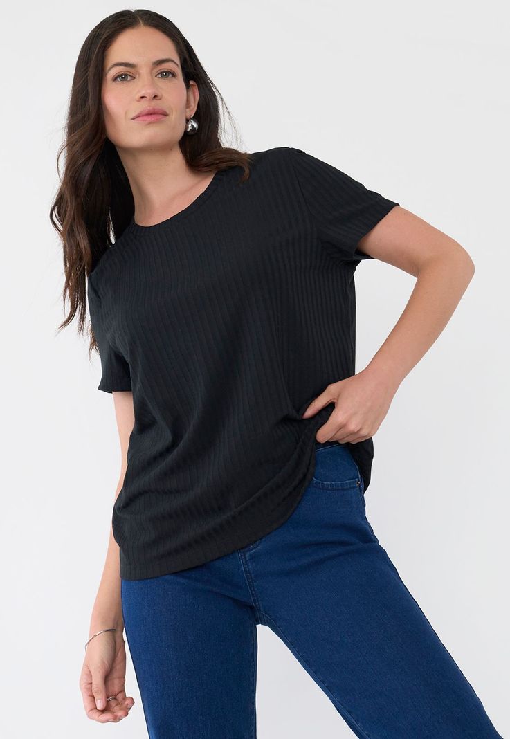 Polera Mujer Rib Básica Manga Corta Negro Corona-0