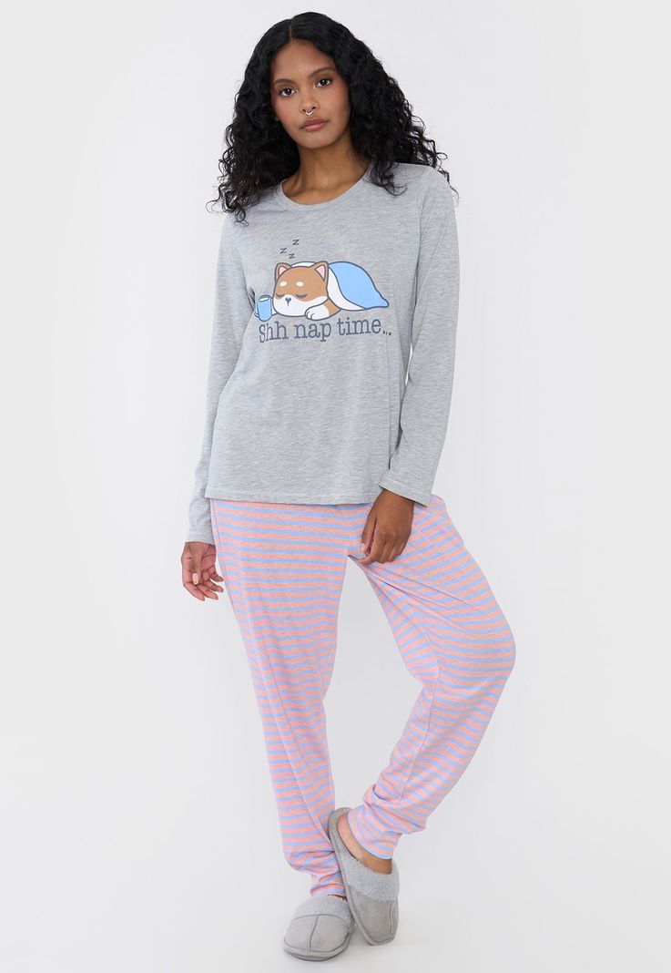 Pijama Mujer Largo Algodón Print Gris Corona-0