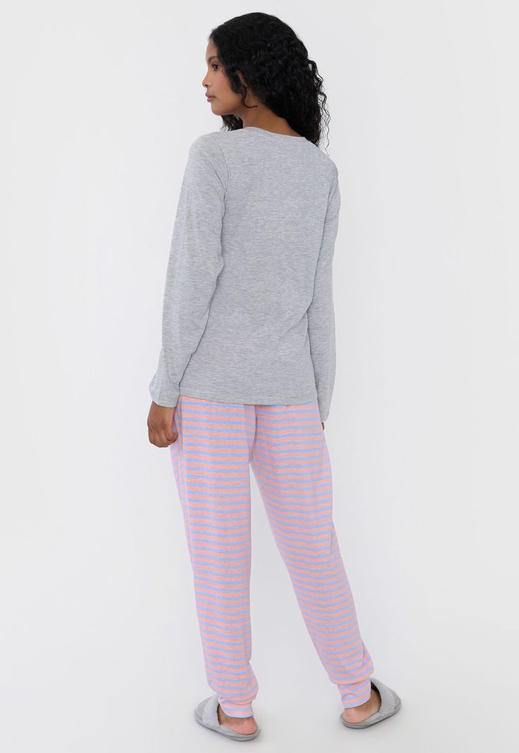 Pijama Mujer Largo Algodón Print Gris Corona-1