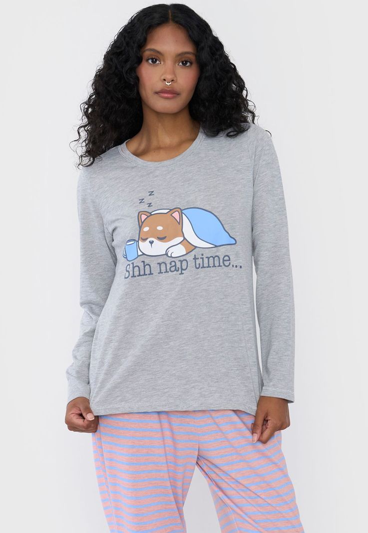 Pijama Mujer Largo Algodón Print Gris Corona-2