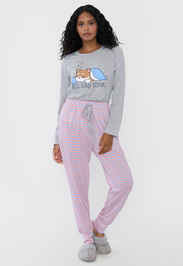 Pijama Mujer Largo Algodón Print Gris Corona-3