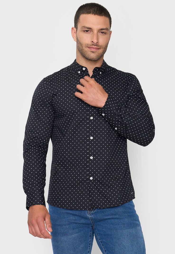 Camisa Hombre Miniprint Negro Corona-0