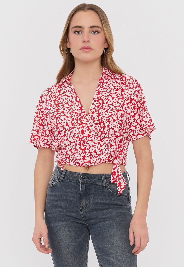 Blusa Mujer Camisera Cruzada Rosado Flores Corona-0