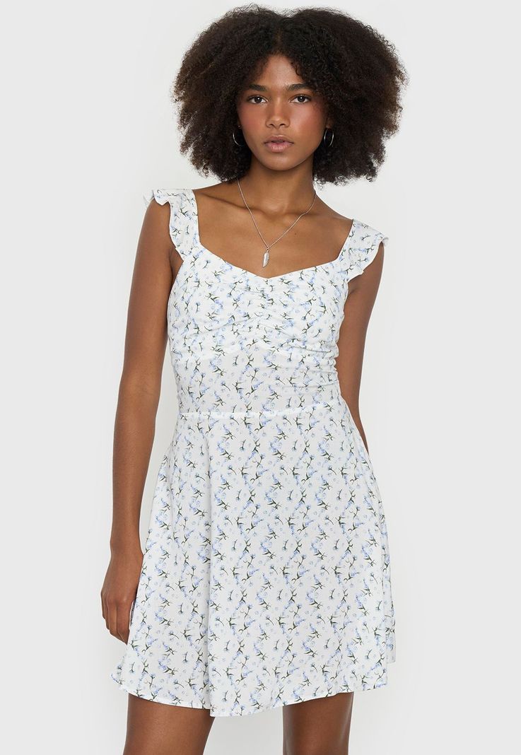 Vestido Mujer Corto Vuelos Print Flores Blanco Corona-1
