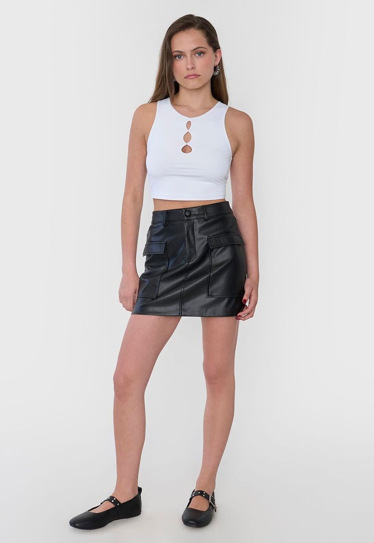 Falda Mujer Cargo Ecocuero Negro Corona-0